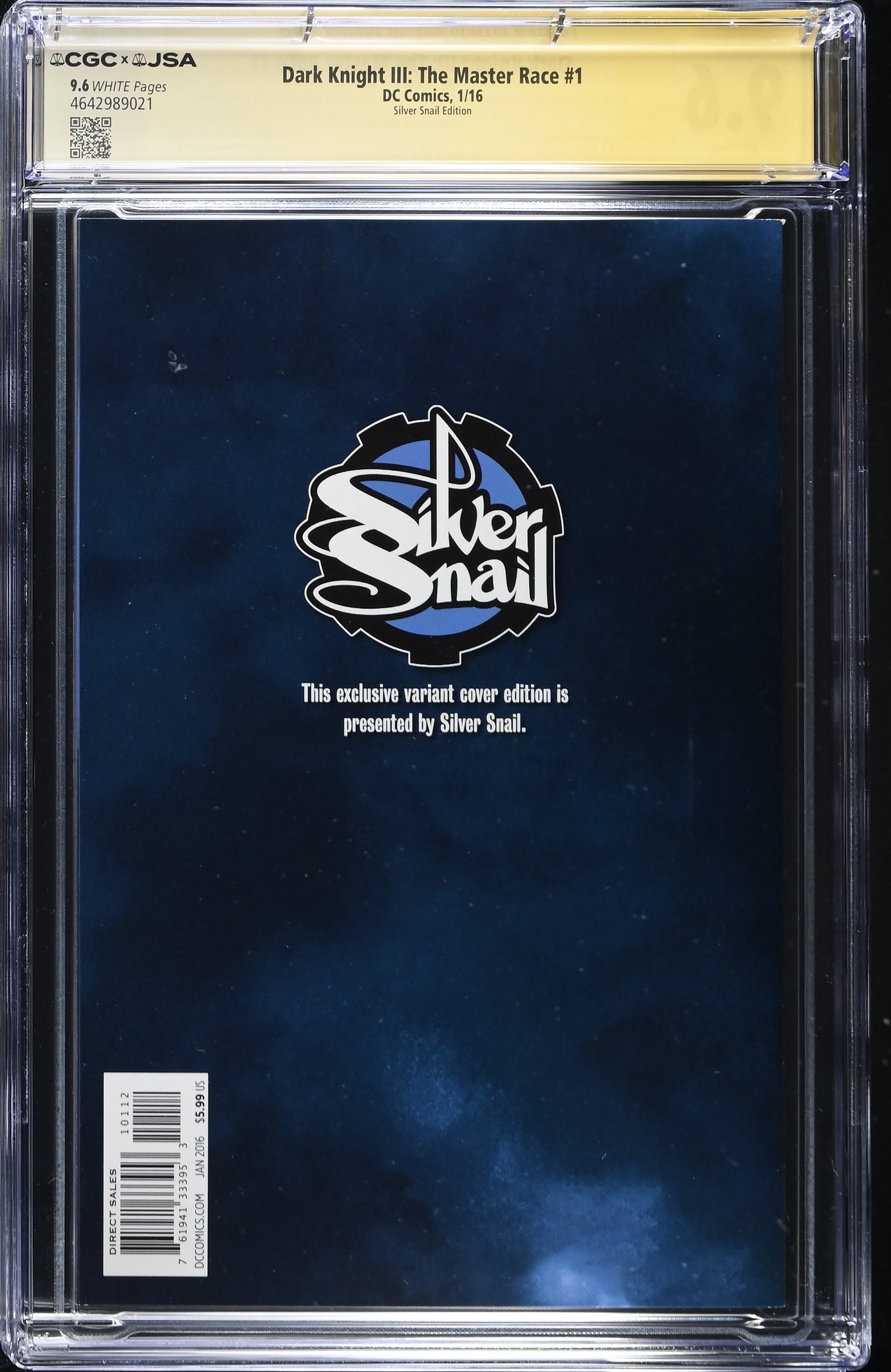 Dark Knight III: The Master Race #1 – Silver Snail Variant – CGC 9.6 WHITE – Quad-Signed (CGCxJSA) – Top Pop