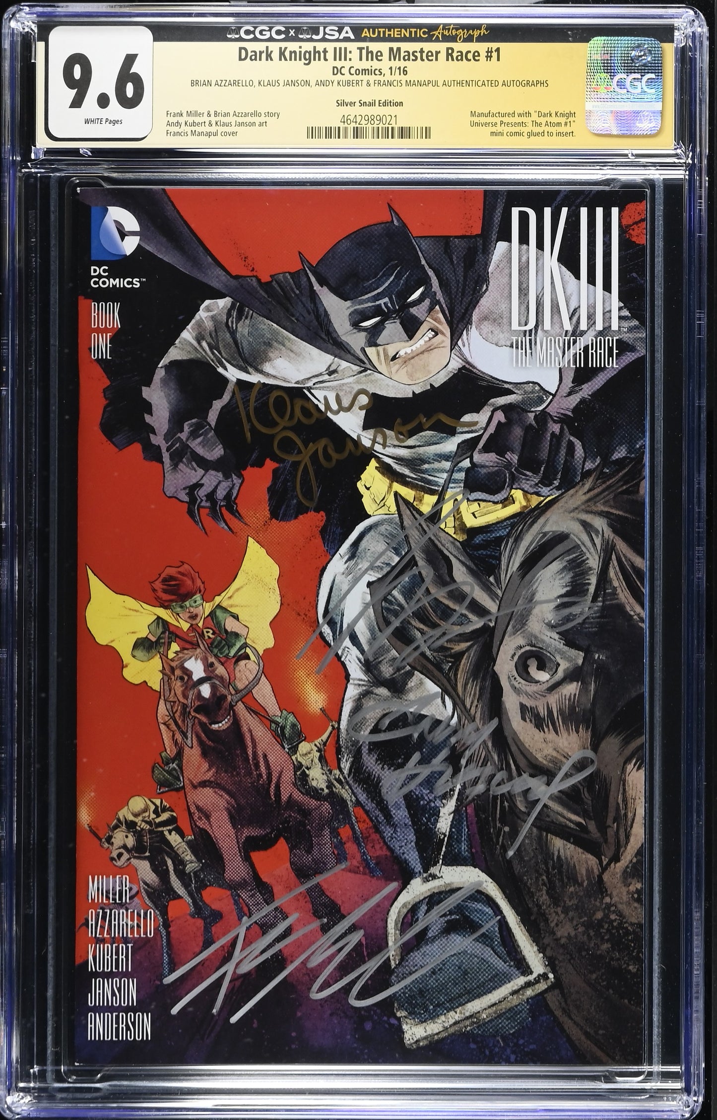 Dark Knight III: The Master Race #1 – Silver Snail Variant – CGC 9.6 WHITE – Quad-Signed (CGCxJSA) – Top Pop