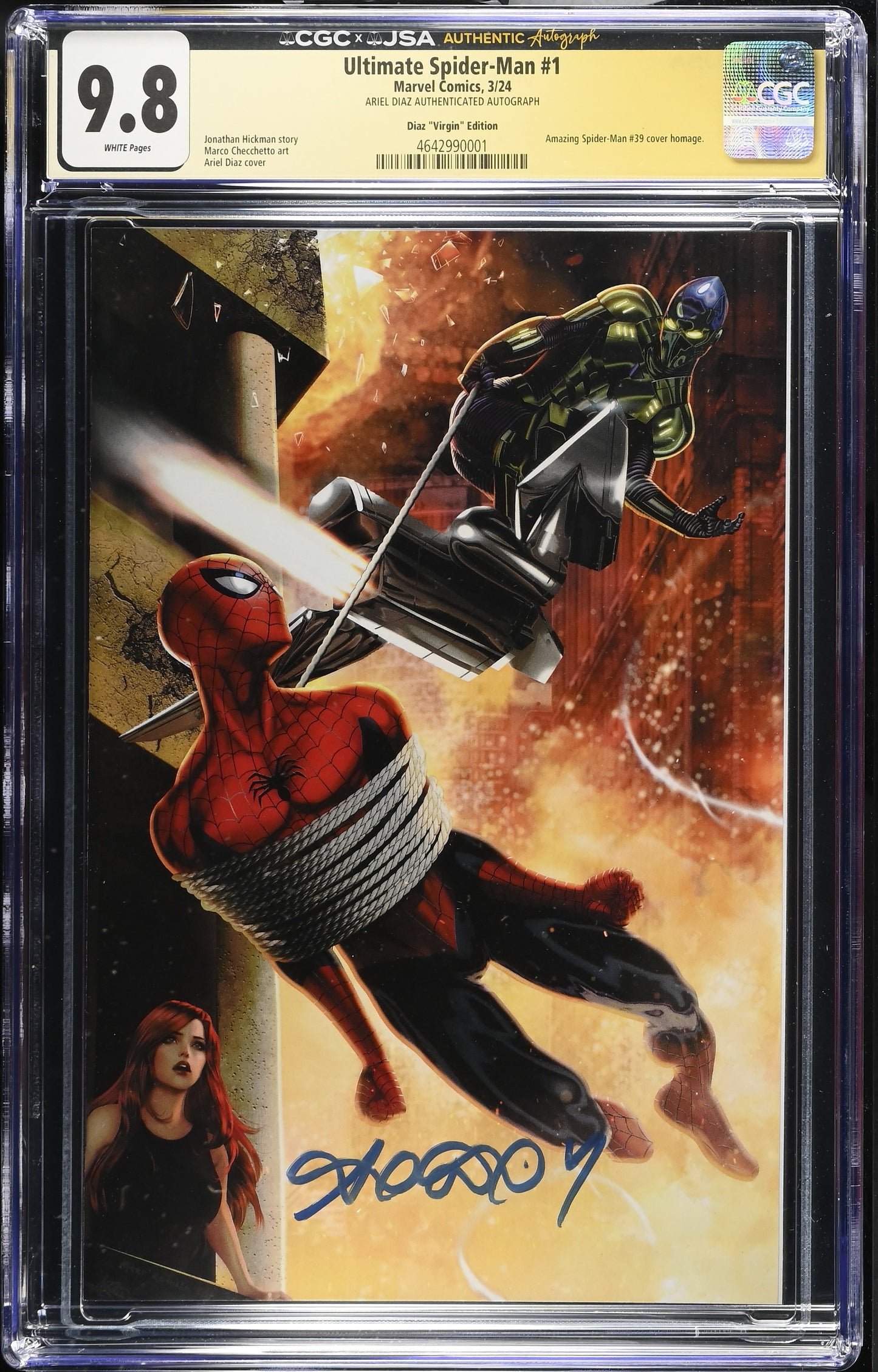 Ultimate Spider-Man #1 – CGC x JSA 9.8 White Pages | Ariel Diaz Signed Virgin Variant | Marvel Comics 2024