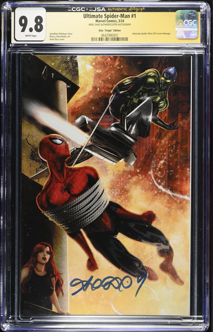 Ultimate Spider-Man #1 – CGC x JSA 9.8 White Pages | Ariel Diaz Signed Virgin Variant | Marvel Comics 2024
