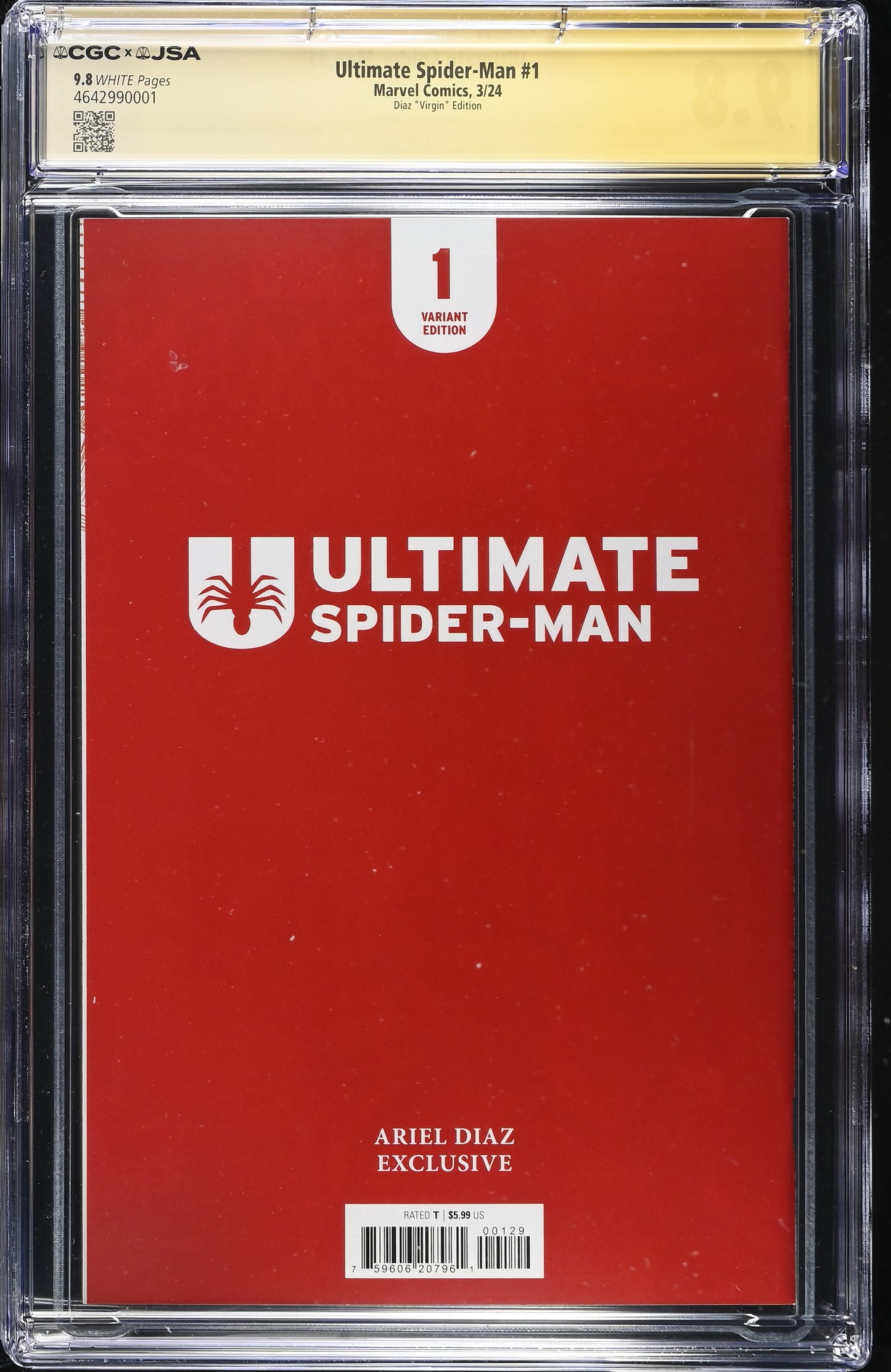 Ultimate Spider-Man #1 – CGC x JSA 9.8 White Pages | Ariel Diaz Signed Virgin Variant | Marvel Comics 2024